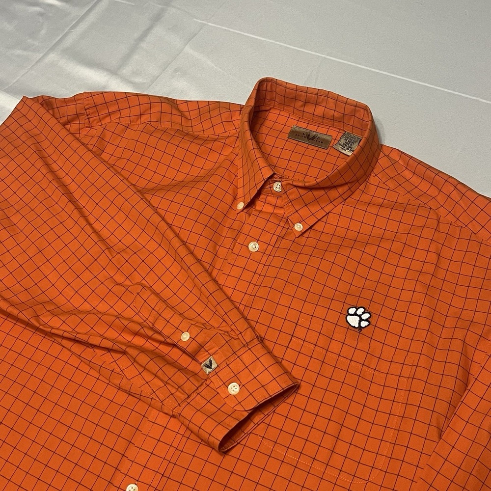 Vintage Clemson Tigers Dress Shirt Mens 2XL Orange Grid Check Button Down L/S